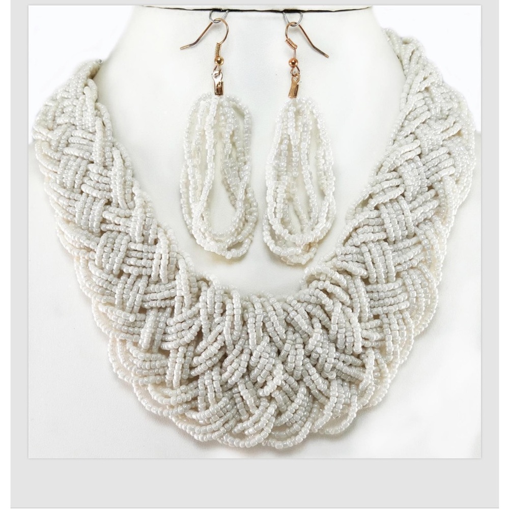 Necklace Earrings Cream Seed Bead Braided Chunky Woven Jewelry Set Acrylic